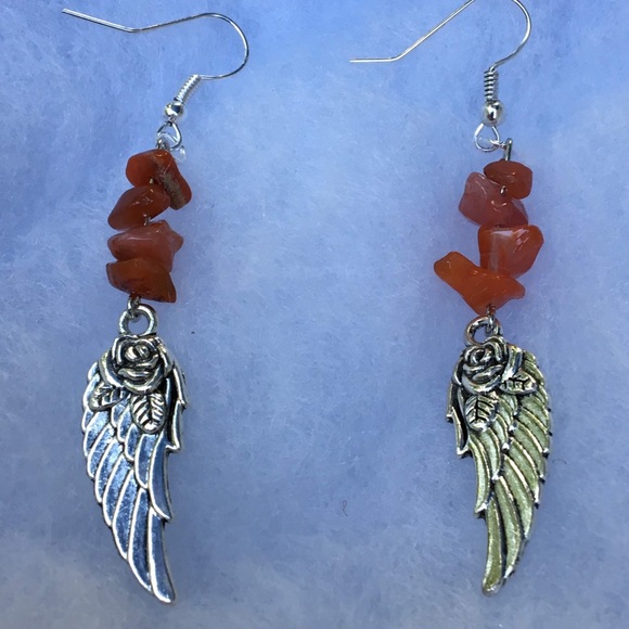 Red Fire Agate Silver Angel Wing Dangle Earrings - Picture 7 of 8